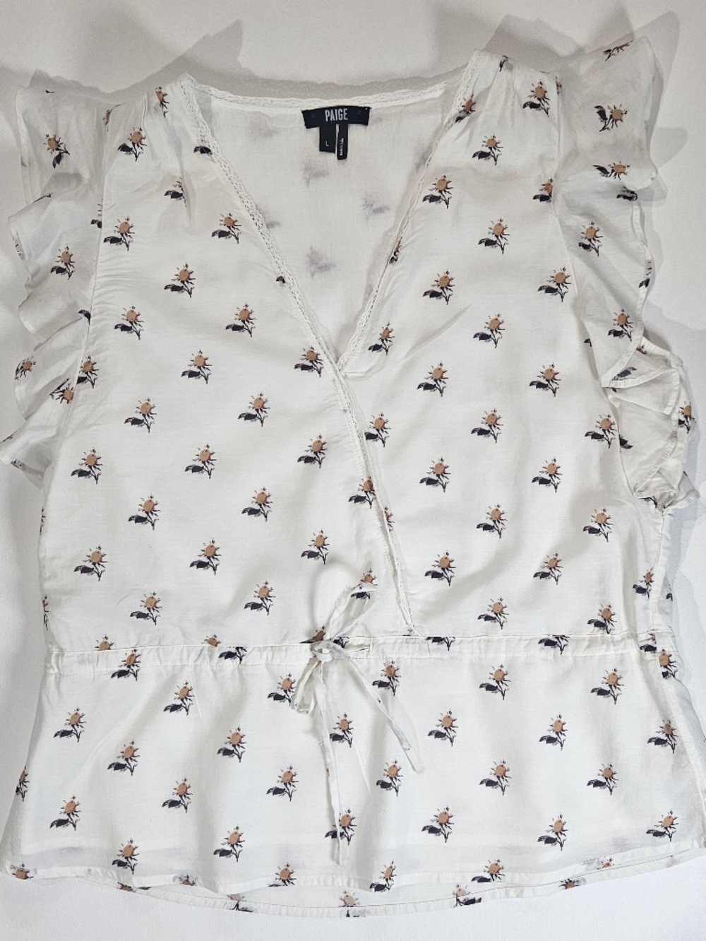 Paige Blouse Womens Large White Orange Ruffle Sleeve Floral Feminine Cottagecore